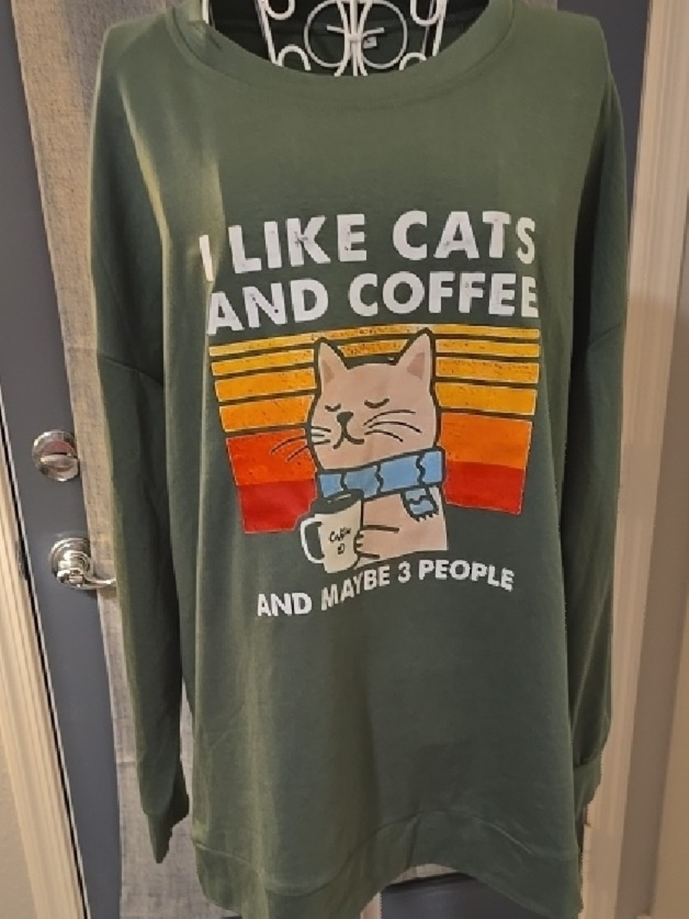Source Unknown Olive Sweatshirt with Multicolor Cat Graphic